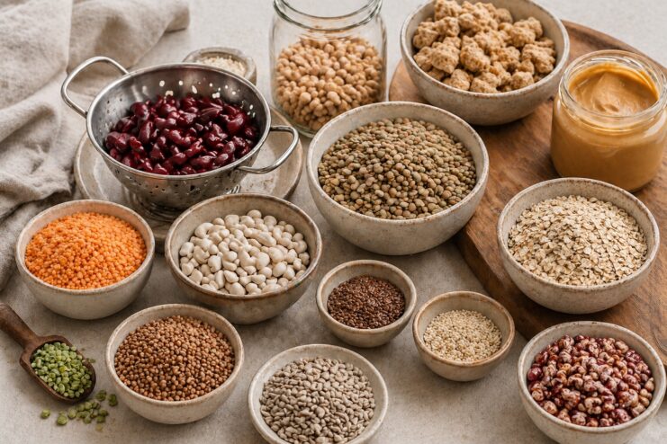 Plant-Based Protein Sources Assorted legumes, grains, and seeds arranged in ceramic bowls