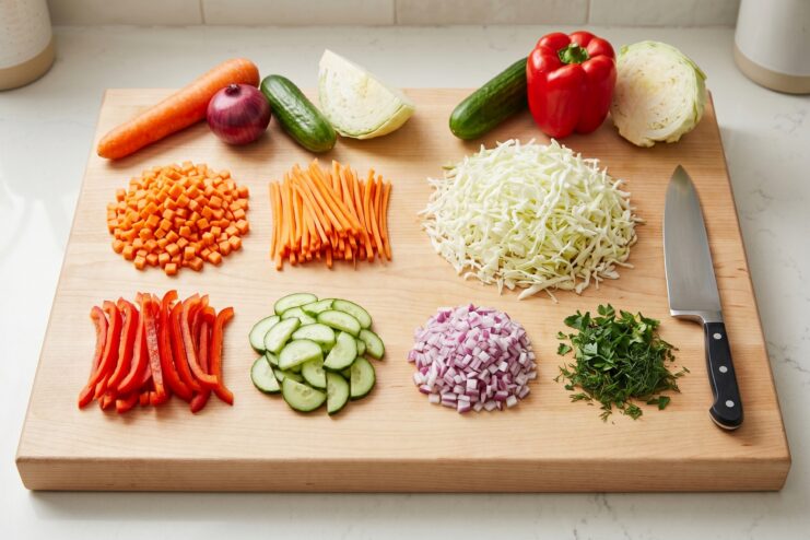 Vegetable Cutting Techniques for Different Dishes Various vegetable cuts on a wooden cutting board including dice, julienne, shreds, and slices.