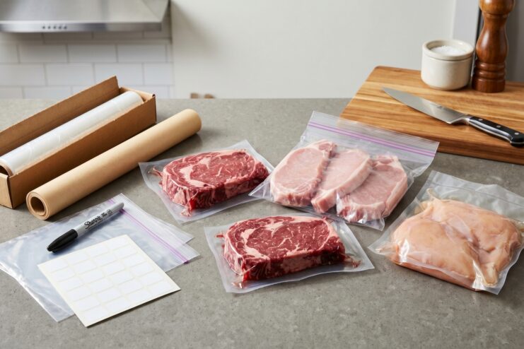 Various raw meats in zip bags, plastic wrap, and a marker on a kitchen counter
