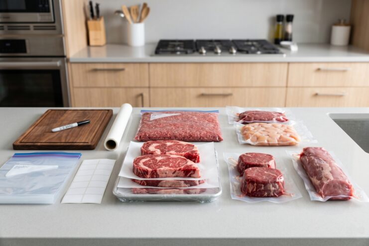 Portioned steaks, ground meat, and chicken in individual packages arranged on a table