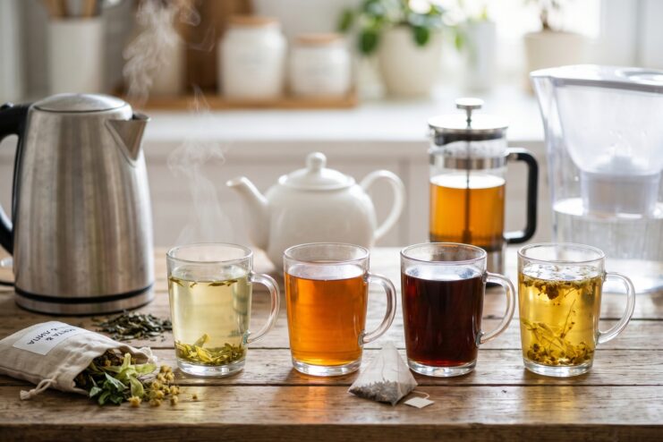 Main Tea Varieties and Brewing Methods Various tea types steeping in transparent glass mugs on a wooden table.