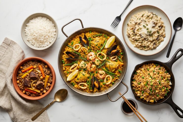 Rice in Global Cuisines Diverse culinary rice dishes including paella, pilaf, and risotto