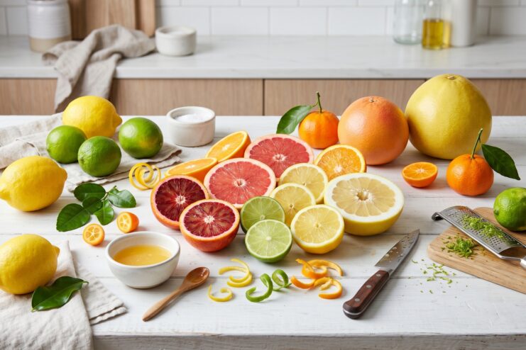 Culinary Citrus Varieties Assorted sliced citrus fruits arranged on a kitchen counter