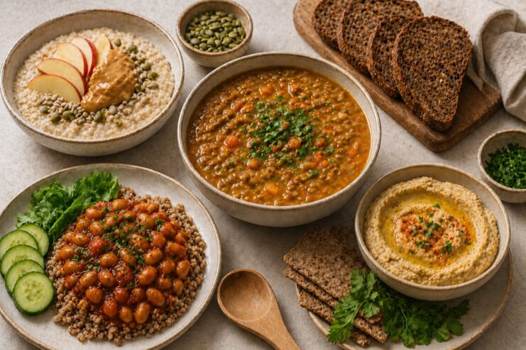 High-Protein Vegan Menu Various vegan dishes including soup, porridge, hummus, and legumes