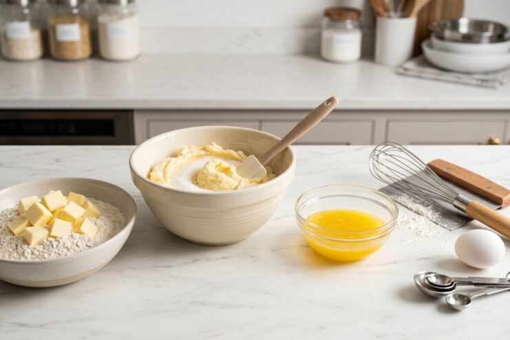 Three states of butter prepared for baking including cold cubes, whipped soft butter, and melted liquid butter