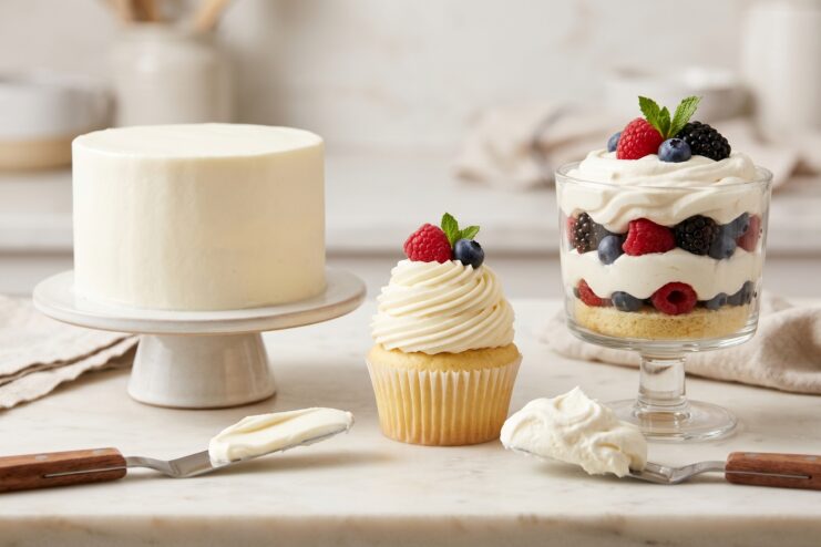 Various finished desserts including a cake, a cupcake, and a trifle featuring cream cheese frosting