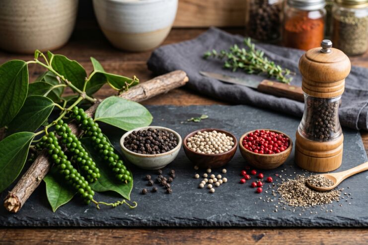 Black, white, red, and green peppercorns arranged on a branch next to a pepper mill.