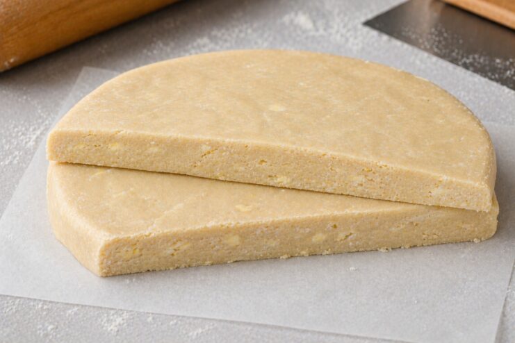 Texture of properly mixed shortcrust pastry Cross-section of chilled shortcrust pastry showing irregular marbled butter flecks.