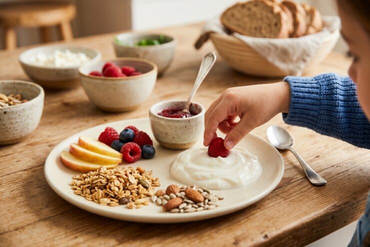 Child's Cottage Cheese Plate Young child eating a bowl of yogurt topped with fresh berries and crunchy granola