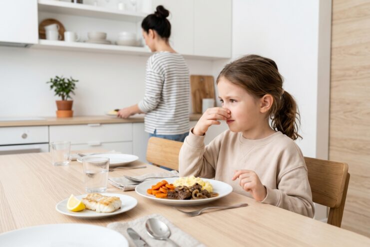 Child Reacting to Strong Food Odors Child sitting at a dining table, pinching their nose with one hand to avoid the smell of a liver dish.