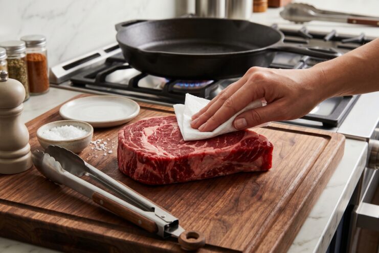 A chef's hand patting a raw steak dry with a paper towel before pan-searing