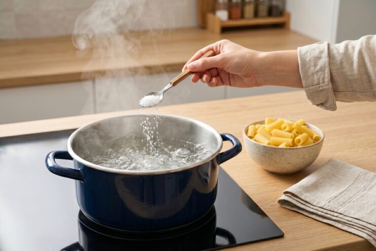 Proper Salting of Pasta Water A hand dropping a generous pinch of coarse salt into a large pot of rapidly boiling water