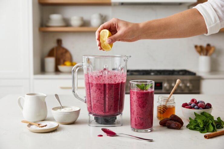 Balancing Smoothie Flavors Hand squeezing a lemon into a blender with a pink smoothie to balance the flavor