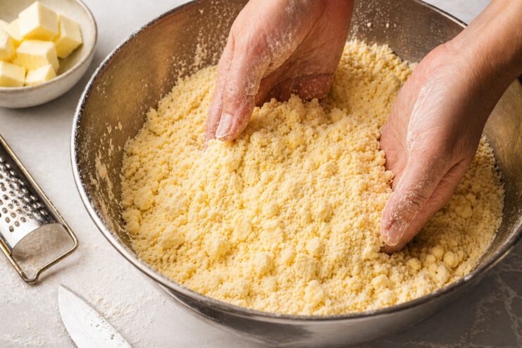 Making crumbs using the sablage method Hands carefully rubbing cold butter into flour inside a metal mixing bowl.