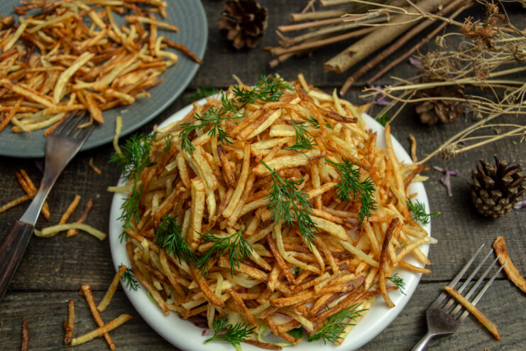 Anthill chicken salad topped with crispy shoestring potatoes
