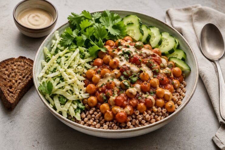Balanced Vegan Plate Balanced vegan plate with chickpeas, grains, and fresh vegetables