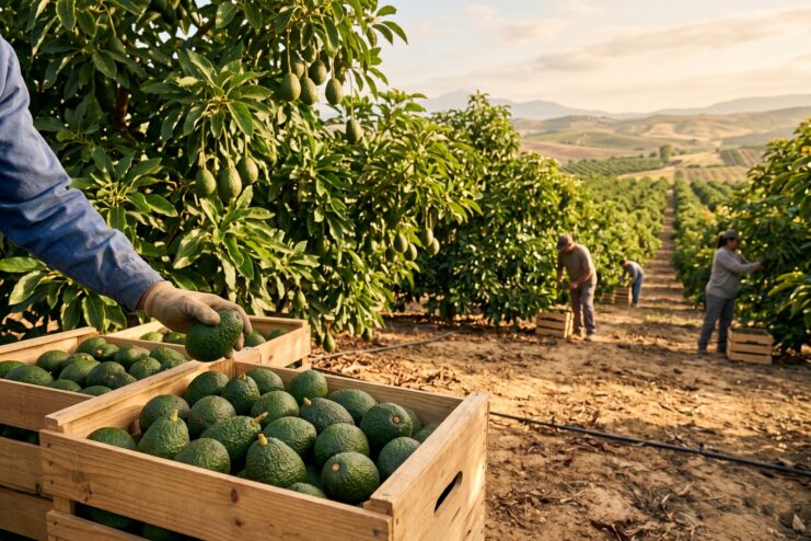 Industrial Avocado Farming Workers harvesting green avocados on a large industrial plantation