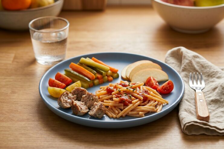Safe Toddler Lunch Presentation Child's plate served with safe bite-sized pasta, meatballs, and vegetables