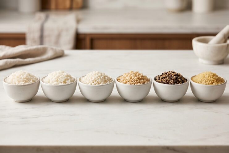 Comparing Rice Varieties Six different types of uncooked rice displayed in small white bowls