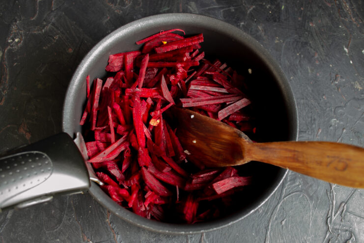 Beets for the borsch base Julienned beets added to the pot with other vegetables.
