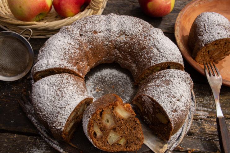Cross-section of a baked chocolate apple and orange cake
