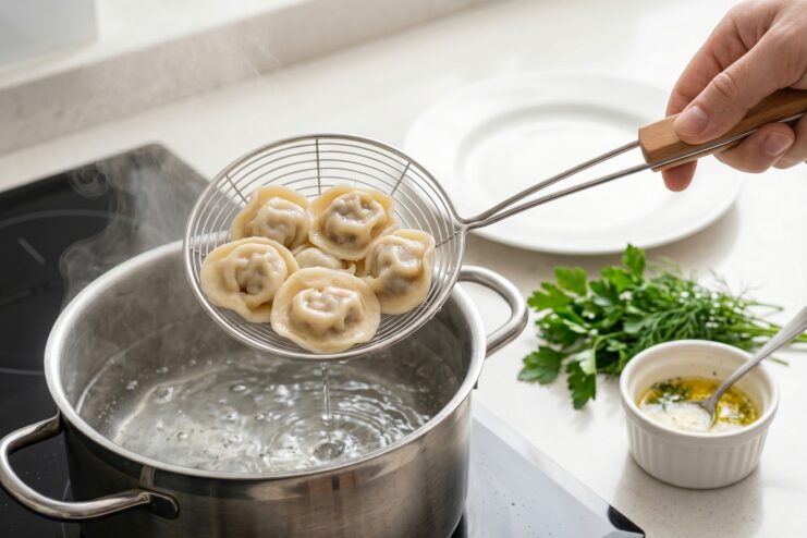 Spider skimmer lifting dumplings Spider skimmer scooping cooked dumplings out of a pot of boiling water.
