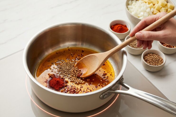 Blooming Spices in Hot Oil Spices blooming in hot oil inside a saucepan to release their aroma.