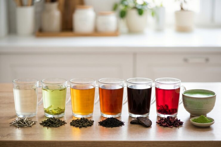 Tea Color and Variety Spectrum Spectrum of brewed tea colors ranging from pale white to bright green matcha alongside dried leaves.
