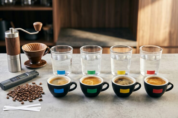 Four cups of brewed coffee arranged side by side to compare different water compositions