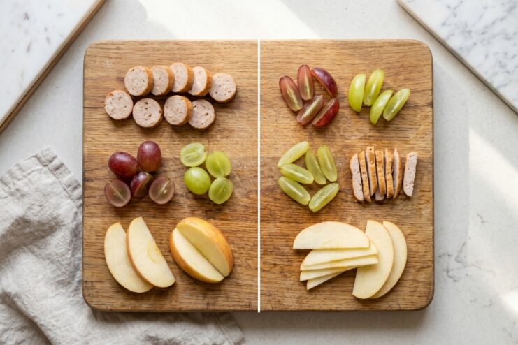 Dangerous Versus Safe Food Shapes for Children Comparison between dangerous round food cuts and safe lengthwise food strips