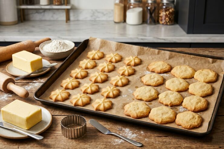 Side-by-side comparison of baked cookies showing sharp edges with 82.5 percent butter and spread edges with 72.5 percent