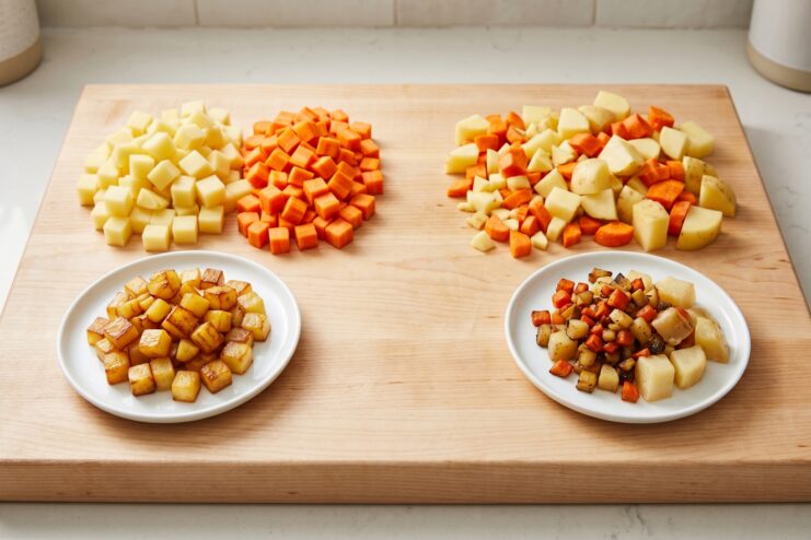Impact of Cut Size on Heat Treatment Results Comparison of uniformly diced and haphazardly chopped potatoes and carrots before and after frying.