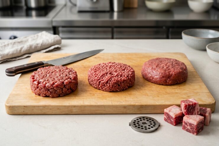 Three distinct textures of ground meat Comparison of three ground meat textures from coarse to fine on a wooden cutting board.