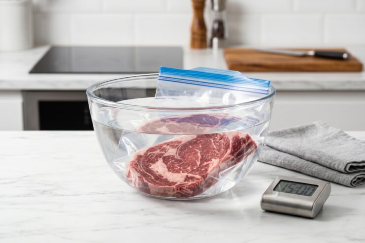 A steak in a sealed bag submerged in a glass bowl of water with a kitchen timer