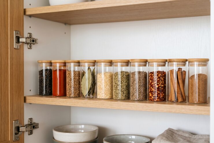 Proper Kitchen Spice Storage Glass spice jars neatly arranged on a wooden shelf inside a cabinet.