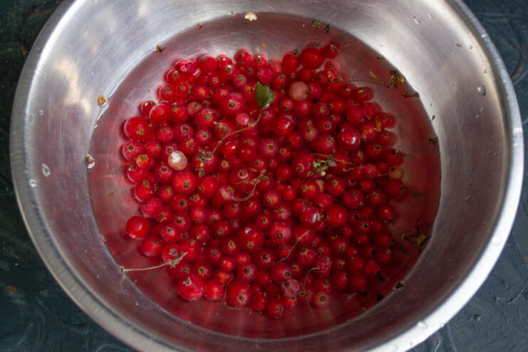 Fresh redcurrants being thoroughly rinsed in a colander under cold water