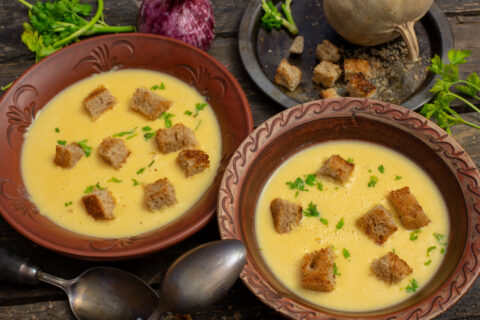 Pumpkin Cheese Soup with Croutons