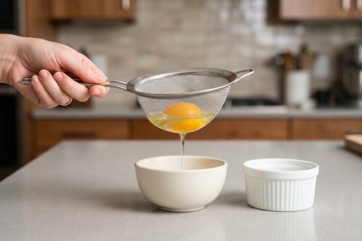Using a Sieve for Poaching Raw egg resting in a fine-mesh metal strainer suspended over a white bowl to drain the liquid egg white.