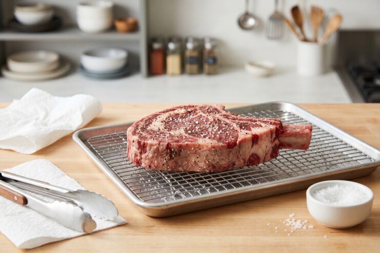 Dry Brining a Steak Before Searing Raw thick-cut steak generously sprinkled with coarse salt resting on a wire rack