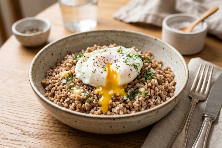 Plated Poached Egg with Garnish Bowl of hot buckwheat porridge topped with butter, a perfectly poached egg, and cracked black pepper.