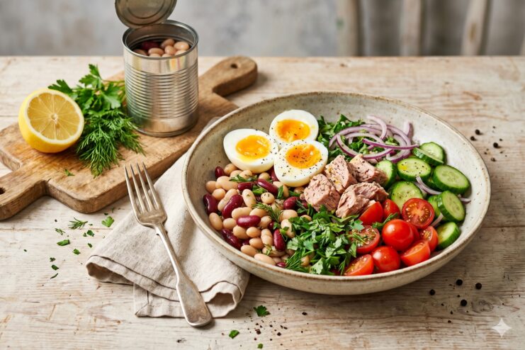 Balanced lunch for concentration A plate featuring beans, tuna, a boiled egg, and fresh vegetables