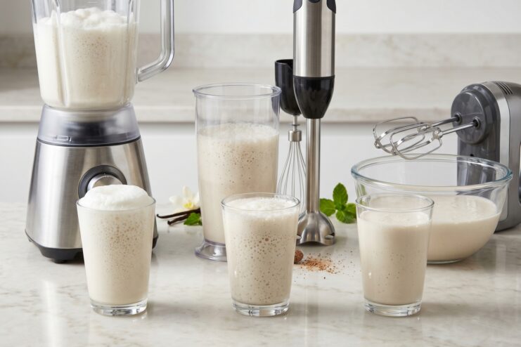 Milkshake Blending Equipment Kitchen equipment for blending shakes featuring a stand blender, an immersion blender, and tall glasses.