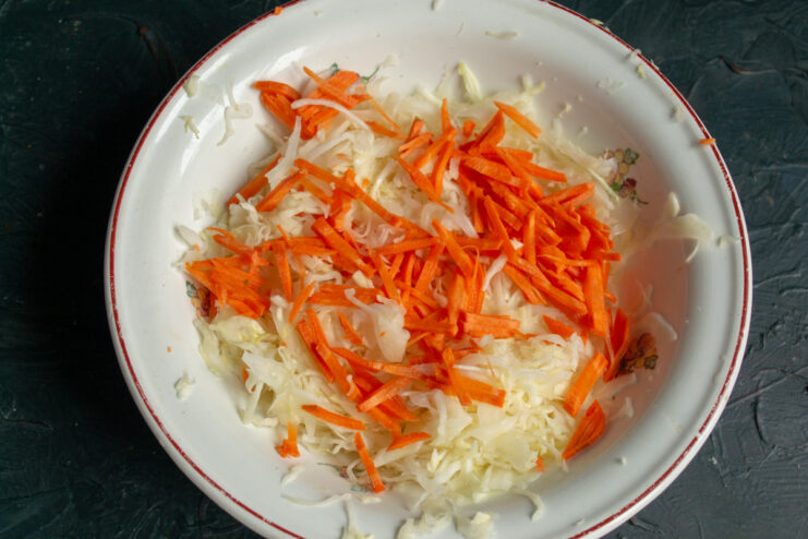 Adding julienned carrots Thinly julienned fresh carrots added to shredded cabbage in a bowl