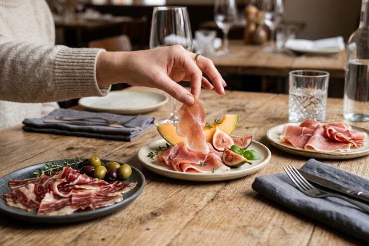 Classic prosciutto serving with fruit Thin slices of prosciutto crudo with fresh figs and melon on a wooden serving board