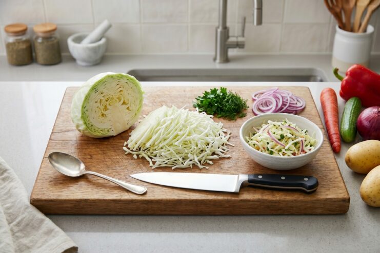 Shredding Cabbage and Fresh Herbs Finely shredded cabbage, sliced onion rings, and chopped fresh herbs resting on a cutting board.