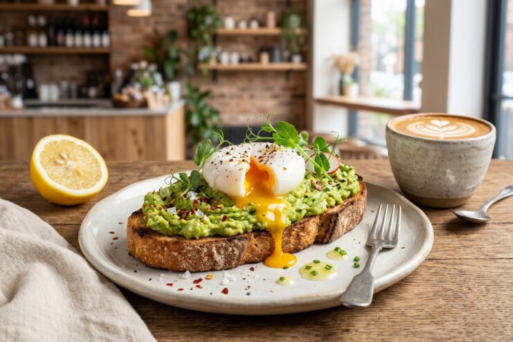 Classic Avocado Toast With a Poached Egg Close-up of classic avocado toast topped with a perfectly poached egg served in a cafe