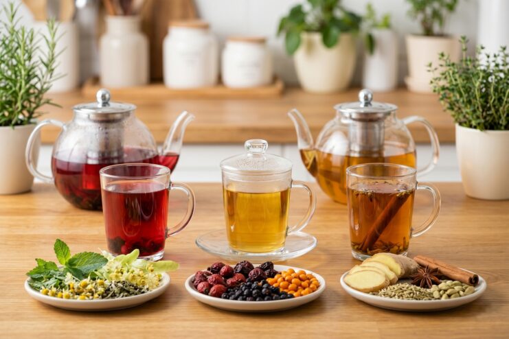 Brewing Herbal Blends and Berries Vibrant herbal infusions featuring rosehips, fresh ginger, mint leaves, and bright sea buckthorn.