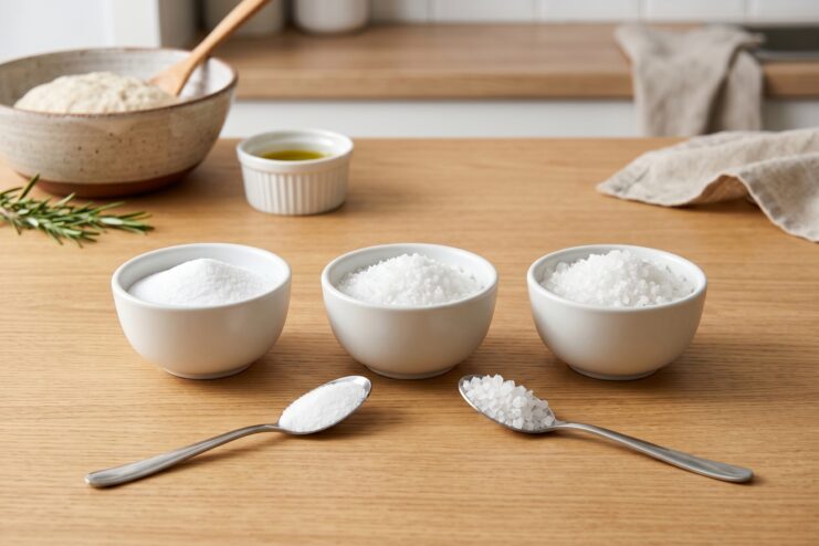 Comparison of Different Salt Grinds Three white bowls containing fine extra, medium, and coarse sea salt.