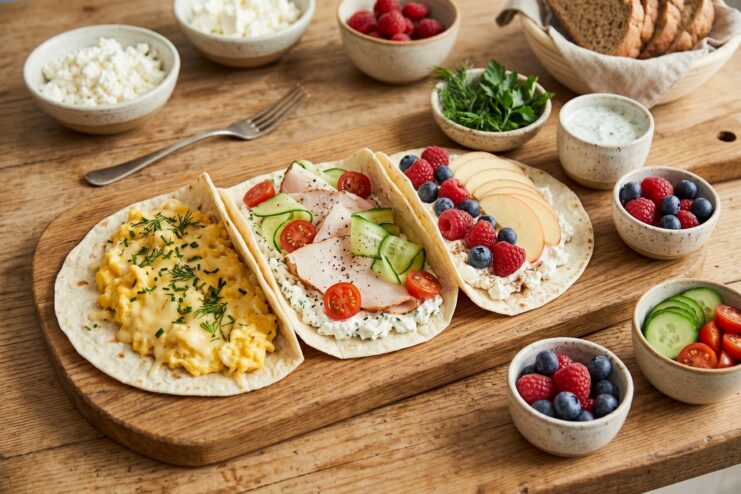 Various Lavash Breakfast Rolls Three different lavash wraps filled with assorted savory breakfast ingredients