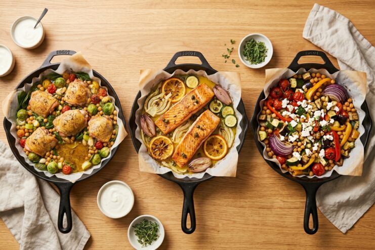 Three skillets featuring different meals: chicken with chickpeas, salmon fillet, and vegetables with feta cheese.